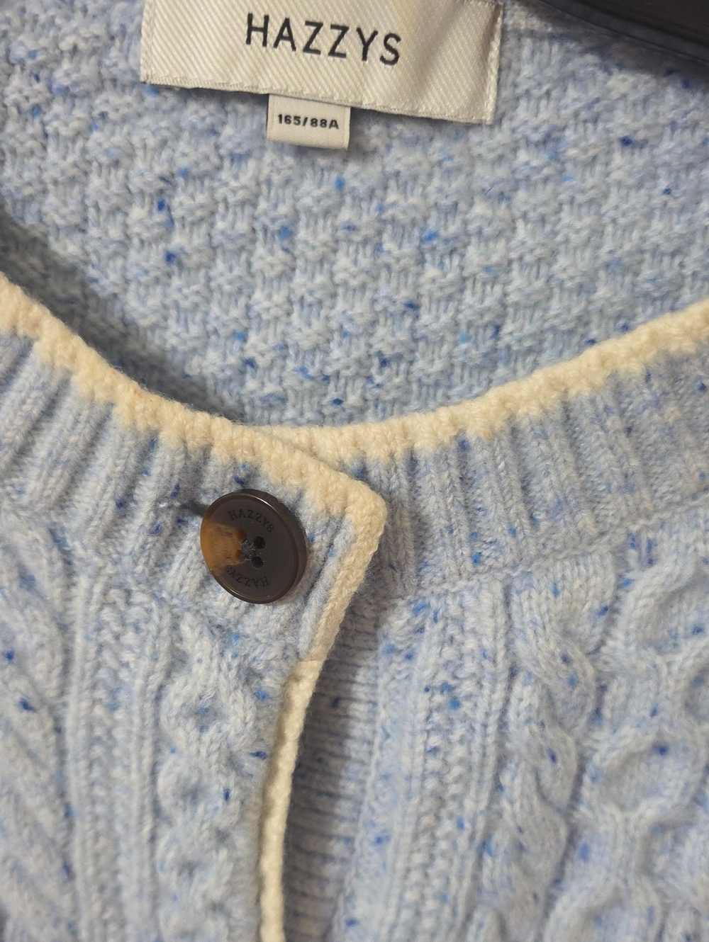 Women's Light Blue Cable-Knit Button Cardigan with Cream Trim - Picture 2 of 4